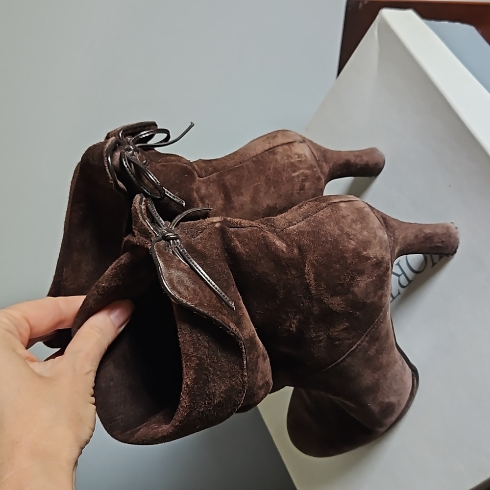 Chocolate brown suede heeled booties, cuff top